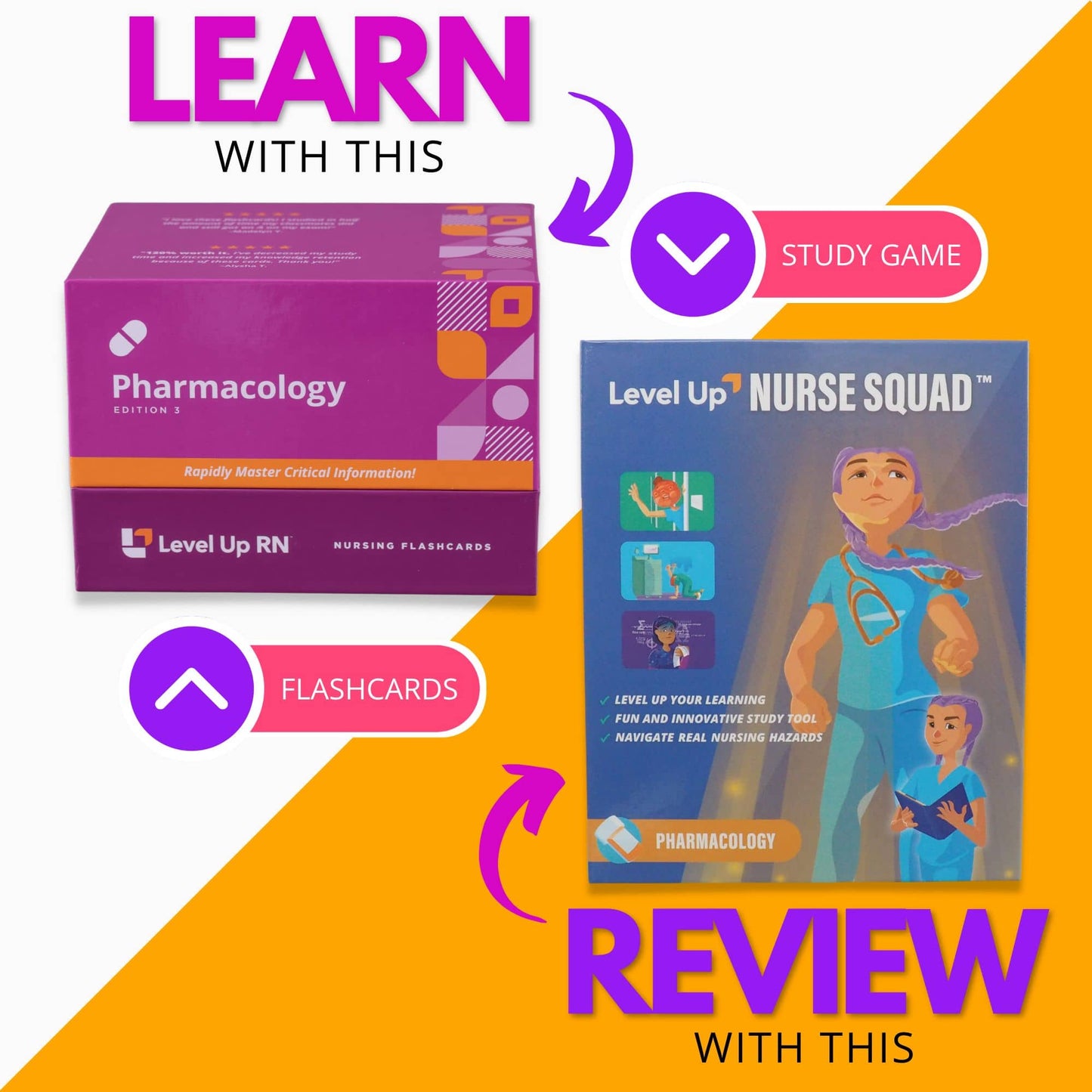 Learn with the flashcards, review with the study game